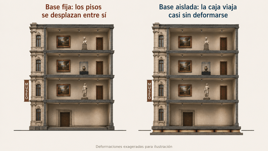 Animación comparando un edificio de base fija cuyos pisos se desplazan entre sí con un edificio aislado que se mueve casi sin deformarse sobre su nivel de aislamiento