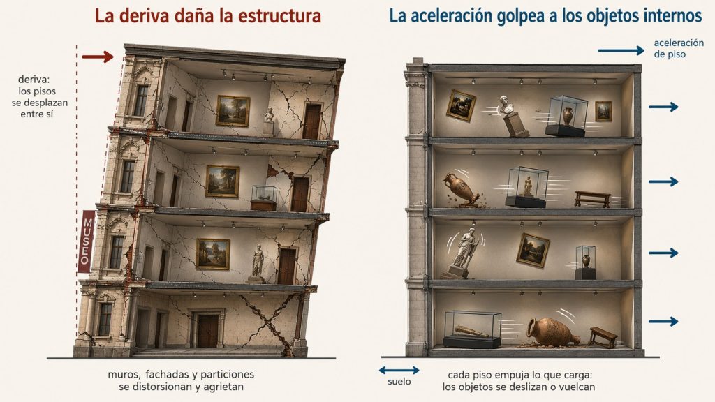 Esquema de dos edificios: la deriva distorsiona y agrieta los muros de la estructura; la aceleración de piso hace deslizar y volcar los objetos apoyados en cada nivel
