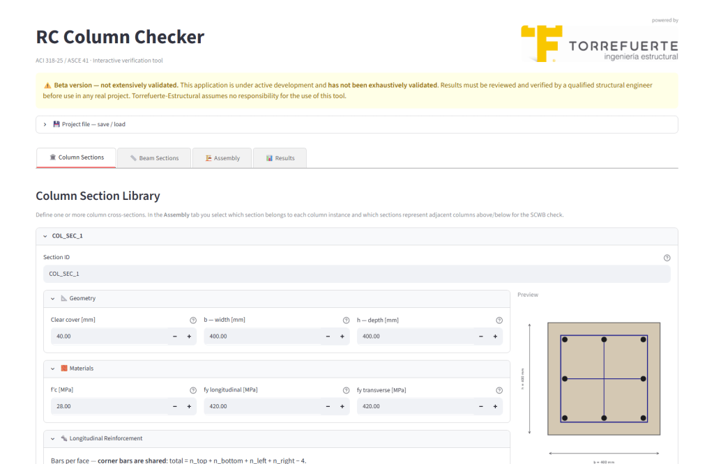 Interfaz de RC Column Checker: libreria de secciones de columna con vista previa del refuerzo