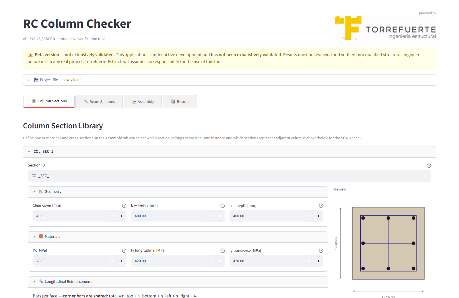 Interfaz de RC Column Checker: libreria de secciones de columna con vista previa del refuerzo